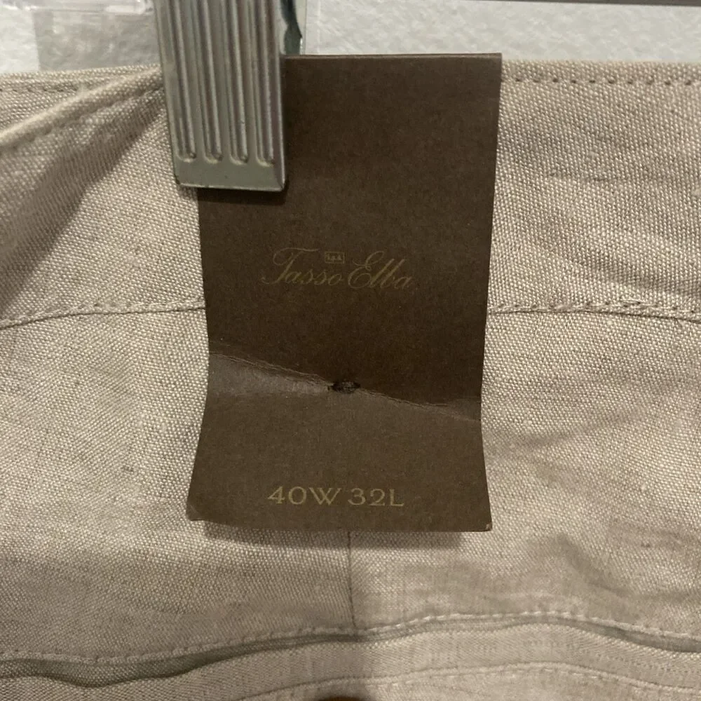 NWT TASSO ELBA beige flat front zip fly linen straight leg dress pants 40/32